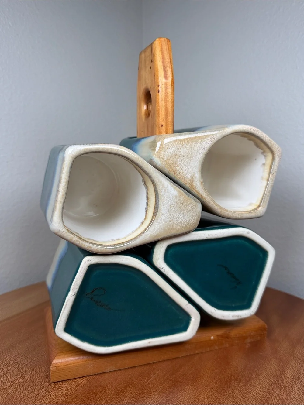 Vtg Padilla Blue Drip Glaze Stacking Signed 4 Coffee Mugs & Wood Stand Mexican